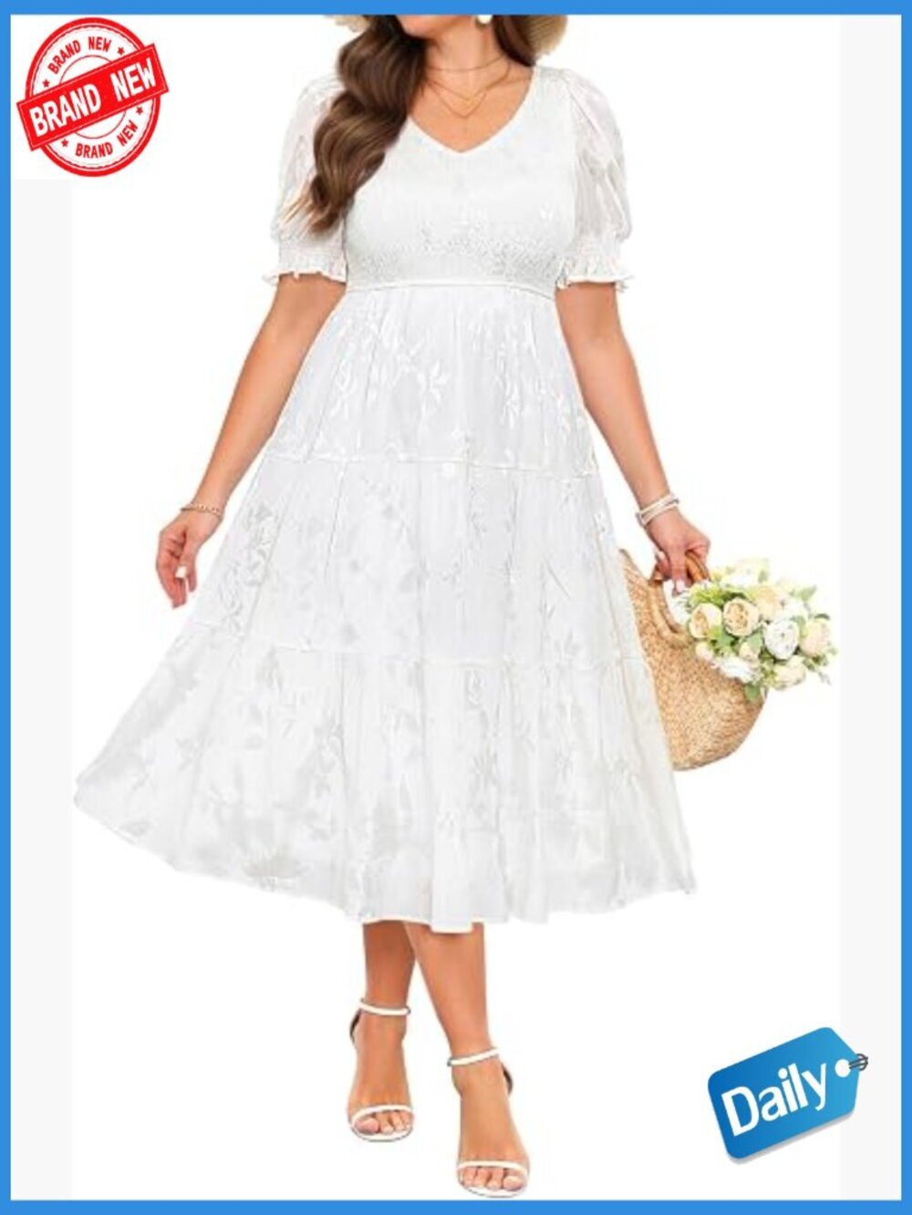 Plus Size V-Neck Floral Smocked Puff Sleeve Midi Dress Tiered A-Line